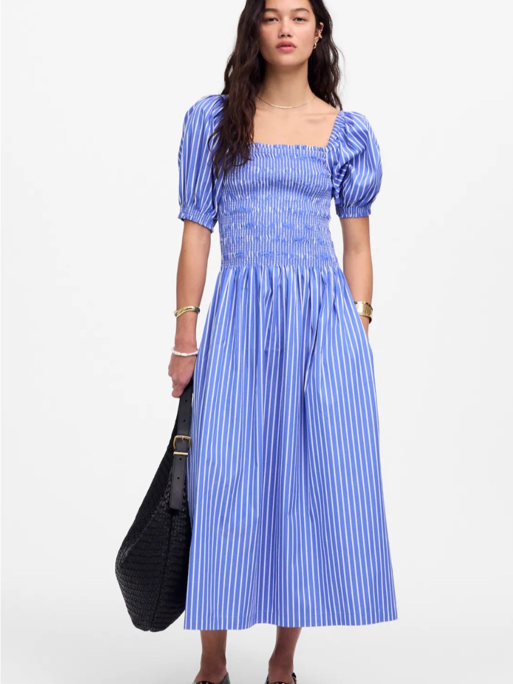 Madewell Smocked Puff Sleeve Midi Dress in Striped Poplin